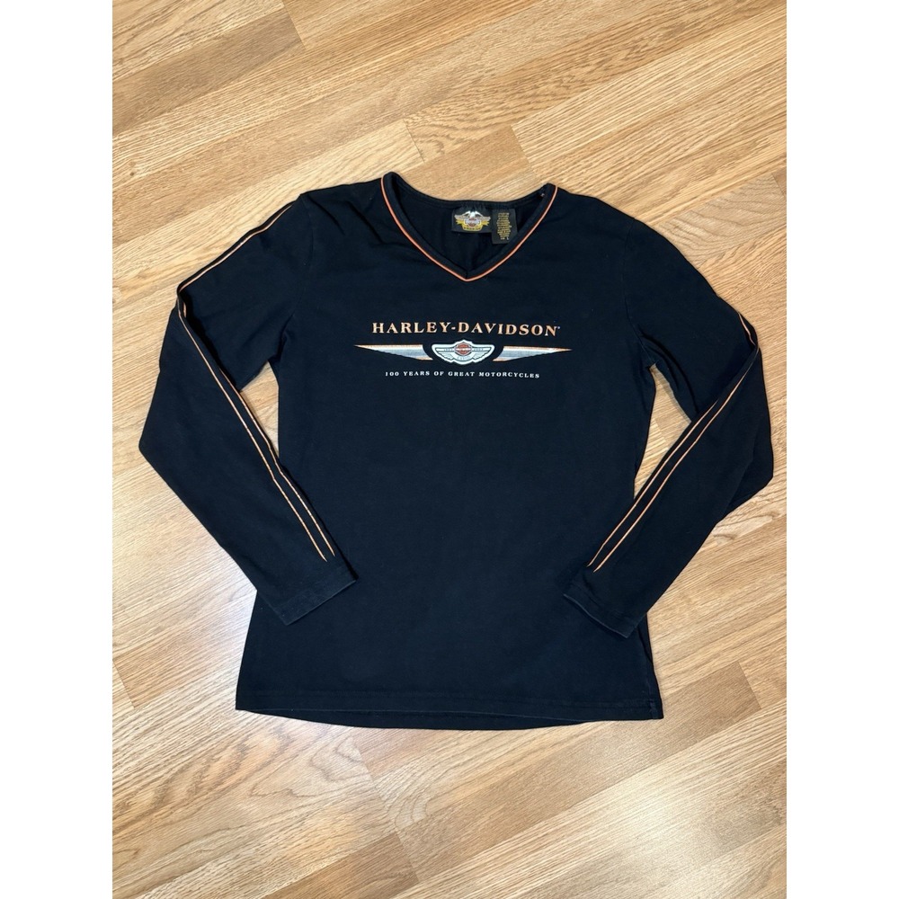 Harley Davidson Women's Long Sleeve Black V-Neck Shirt 100 Year Anniversary 2003